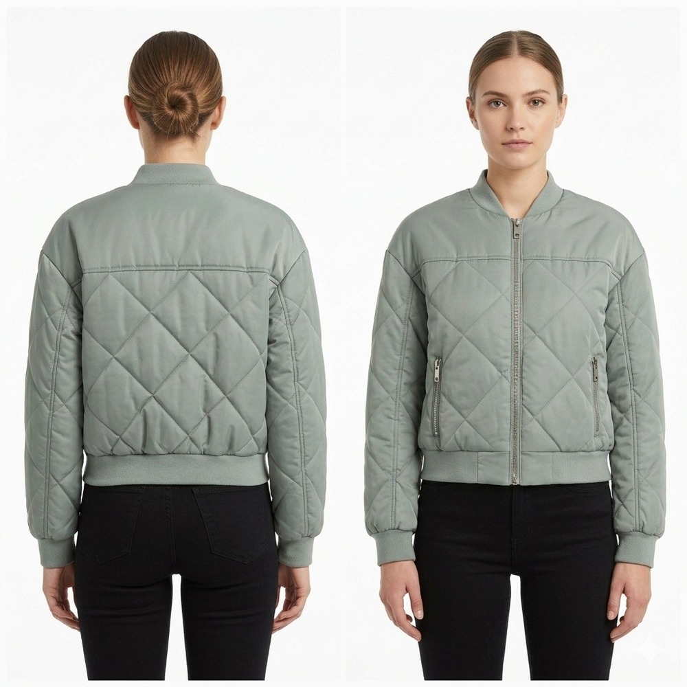 Time‎ and Tru Jacket Womens Medium 8-10 Cropped Quilted Bomber Sage Green Zip